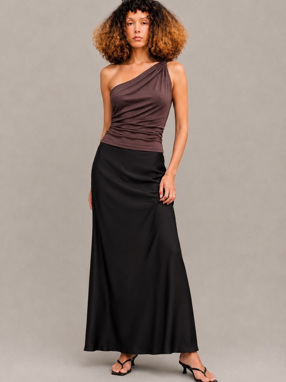 QINSEN Chocolate Brown One Shoulder Ruched Stretch Top Medium